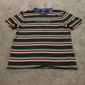 Guess Spellout T Shirt Mens Size Medium Black Striped Embroidered Retro Vtg